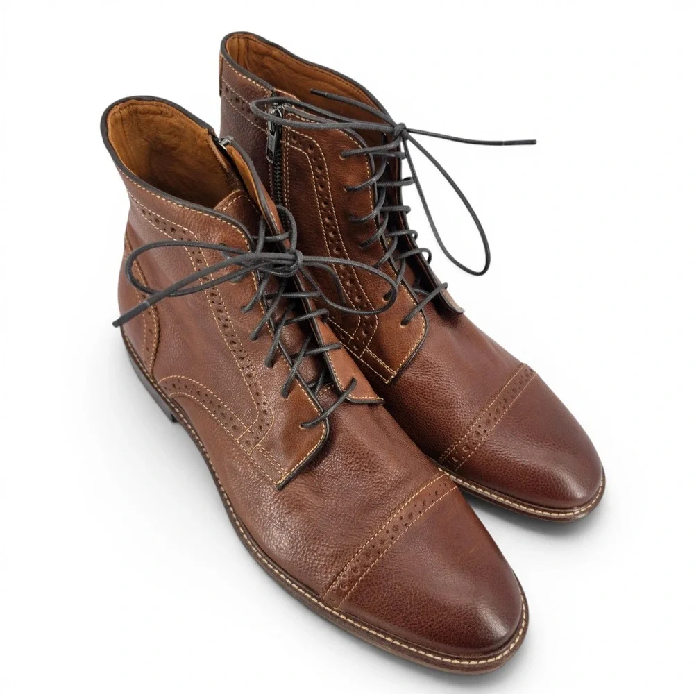 Johnston & Murphy Mens 10 Brown Leather Cap Toe Lace Up Boots Sheepskin EUC